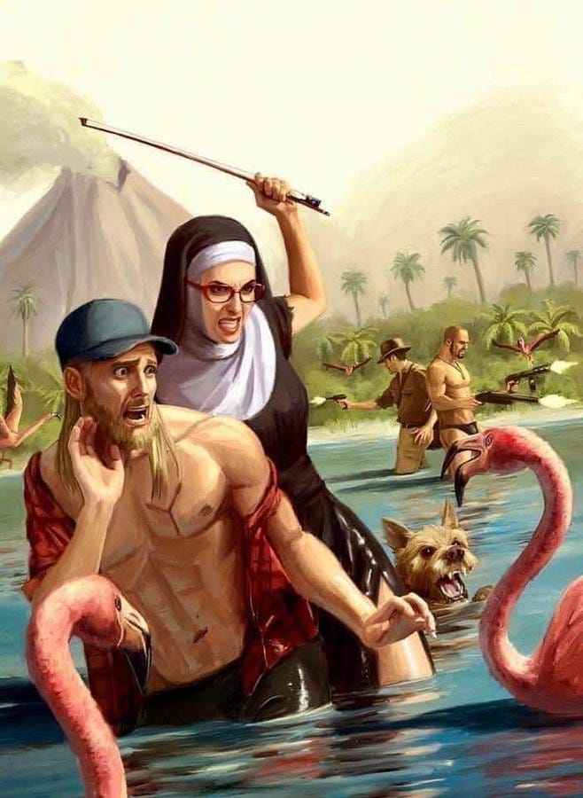 A nun in a traditional habit uses a violin bow to defend a scared shirtless man from two pink flamingoes. A small dog helps her, and two men fire guns in the background. They are standing in a lake, and there is an active volcano smoking on the horizon.