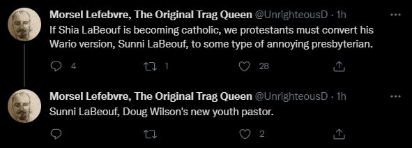 Tweets: If Shia LaBeouf is becoming catholic, we protestants must convert his Wario version, Sunni LaBeouf, to some type of annoying presbyterian. Sunni LaBeouf, Doug Wilson's new youth pastor.